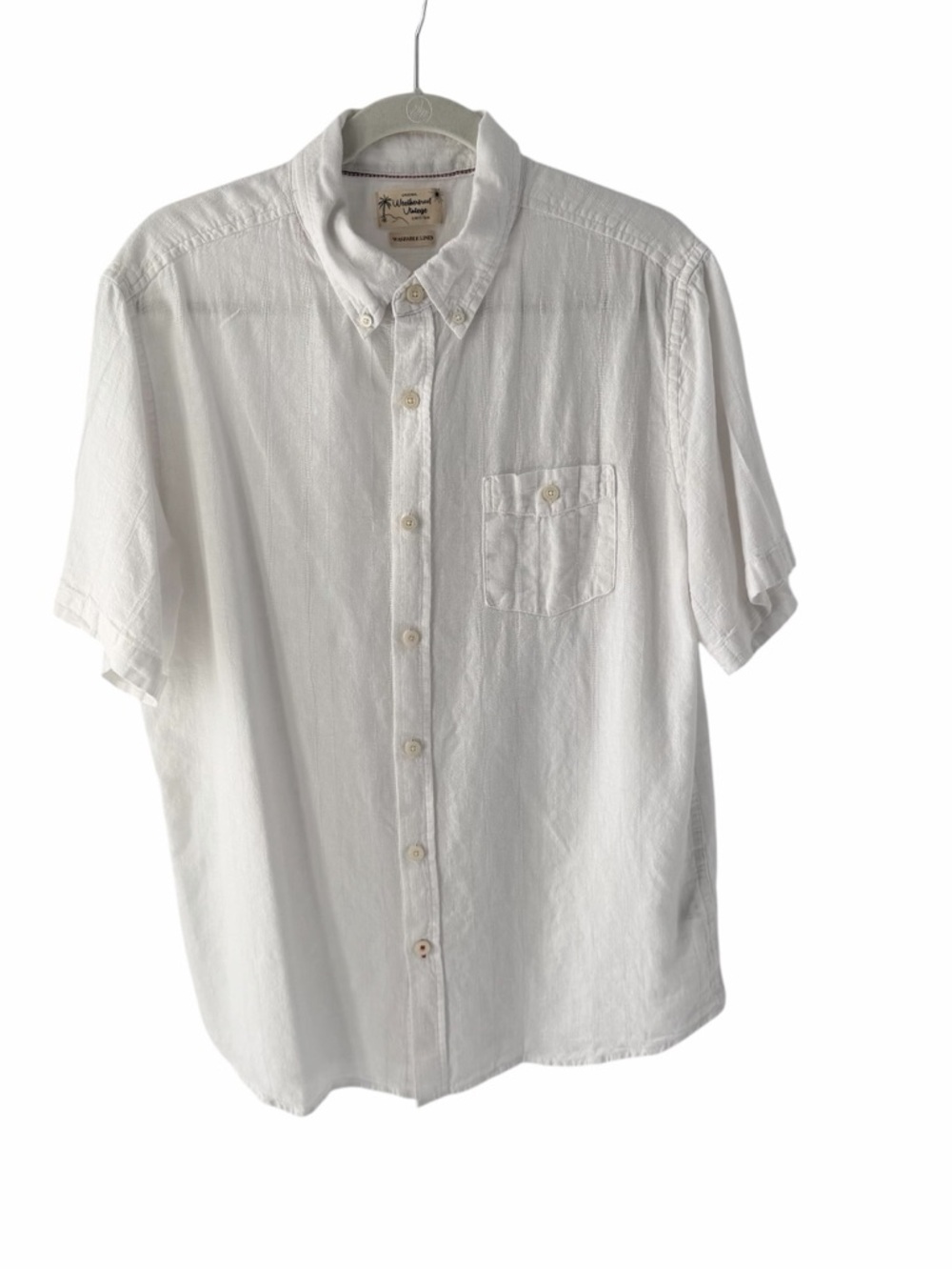 Weatherproof White Linen/Cotton Classic Summer Short-Sleeve Button-Down Shirt LG